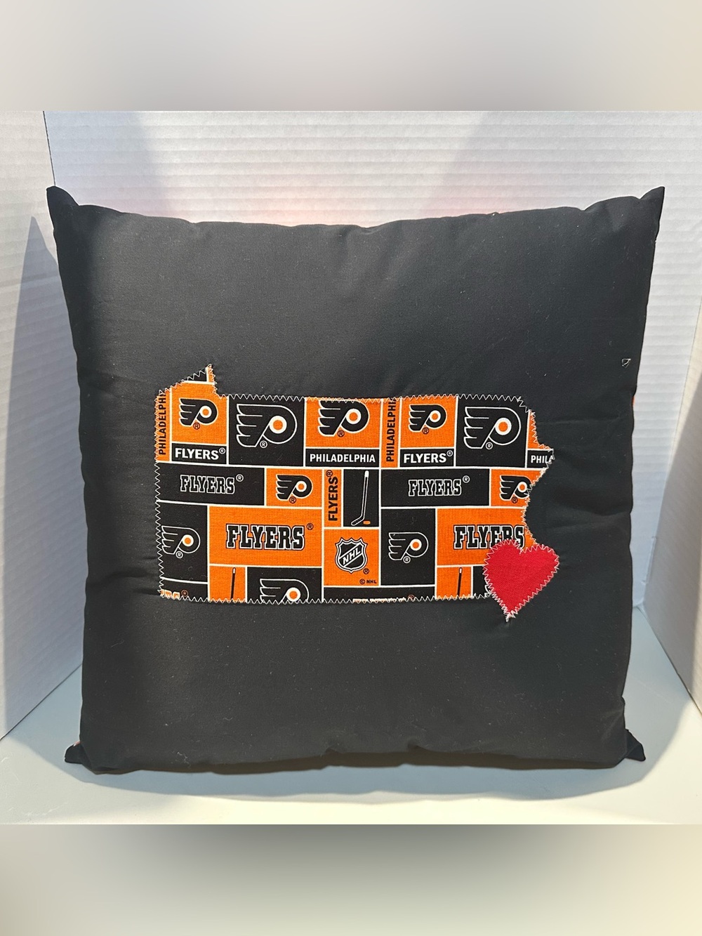 Handmade 16” Philadelphia Flyers PA State Appliqué Throw Pillow with Heart